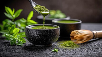 A serene scene of matcha preparation, showcasing vibrant green powder and whisk, with leaves in the background