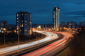 Night highway traffic streaks past city buildings