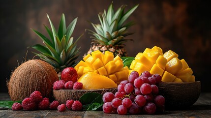 A vibrant arrangement of tropical fruits including mango, coconut, and berries on a rustic wooden table
