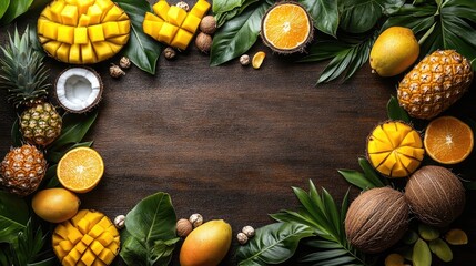 Vibrant arrangement of tropical fruits including mangoes, pineapples, and oranges on a wooden table