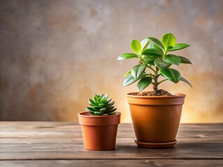 Fototapeta premium Small potted plant with brown base, copy space, left-aligned - stock photo