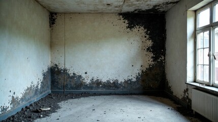A Derelict Room's Interior  Decaying Walls, Soil-Covered Floor, and a Single Window