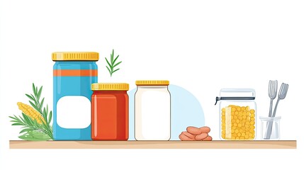 Colorful jars and containers arranged on a shelf with natural elements and utensils nearby