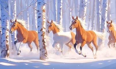 A group of horses through snow surrounded by white trees