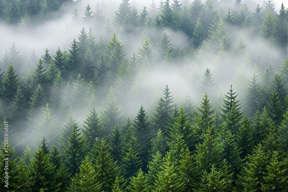Poster dense coniferous forest covered in thick mist, creating a mysterious atmosphere. green trees stand t