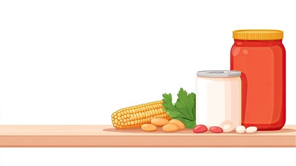 Colorful illustration of food items including corn, beans, and a jar on a wooden shelf