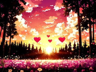 Romantic Sunset in a Flower Field