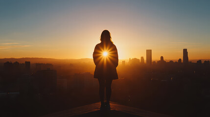 Woman silhouetted against a sunrise over the city.