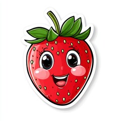 Obraz premium Cute Cartoon Strawberry Character with Smiling Face and Green Leaves
