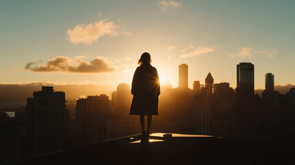silhouette of a woman standing on a rooftop overlooking the city skyline at sunset. 