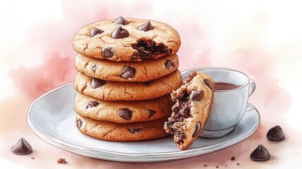 Stack of freshly baked chocolate chip cookies on a plate with a cup of hot chocolate nearby