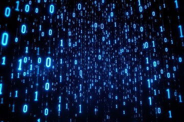 Glowing blue binary code digits cascading in a digital data stream on a dark background. Concept of technology, coding, and futuristic computing. Ai generative