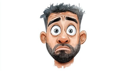 Cartoon Illustration of a Surprised and Worried Man with Brown Skin and Curly Hair