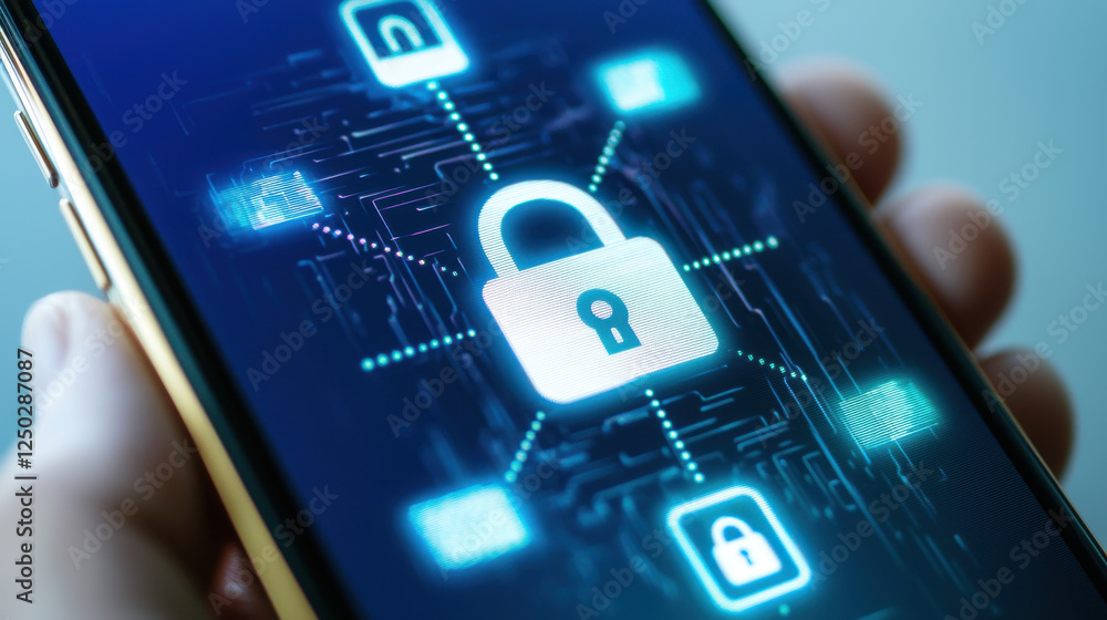 Poster secure smartphone display showing 5g network with digital locks, symbolizing safety and connectivity