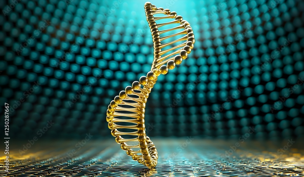 Poster golden dna helix structure on colorful background with shiny metallic surface and abstract bokeh eff