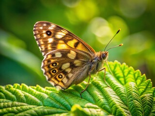 Fototapeta premium Speckled Wood Butterfly on Leaf in Summer Sunlight - High-Resolution Stock Photo