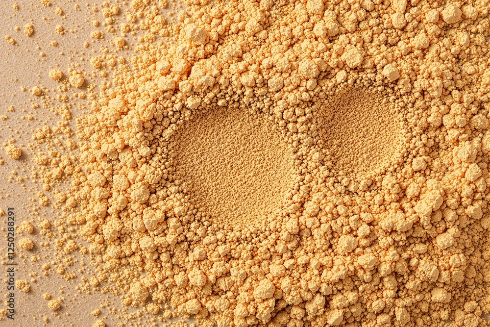 Poster crumbly yellow powder with two circular indentations on a neutral background, creating a textured an