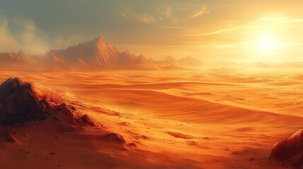 Expansive desert landscape at sunset with vibrant orange hues and distant mountains under a clear sky