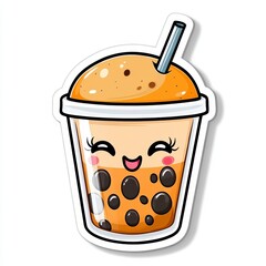 Cute Cartoon Bubble Tea with Smiling Face and Straw Decoration