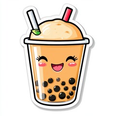 Cute Cartoon Bubble Tea with Happy Face and Colorful Straws