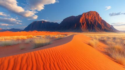Stunning sunset over red desert dunes with majestic mountains in the background