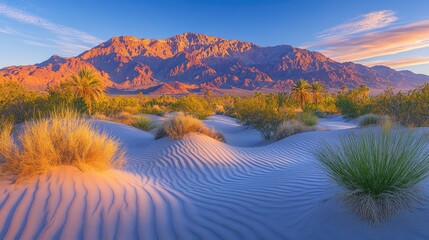 Serene desert landscape showcasing vibrant dunes and mountains under a colorful sunset sky