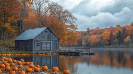 Serene lakeside view of a rustic barn surrounded by vibrant autumn foliage and pumpkins