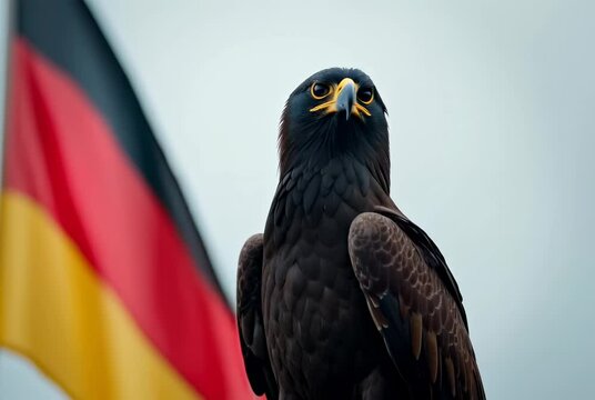 Majestic Black Hawk Against the Backdrop of the German Flag in a Dramatic Outdoor Setting