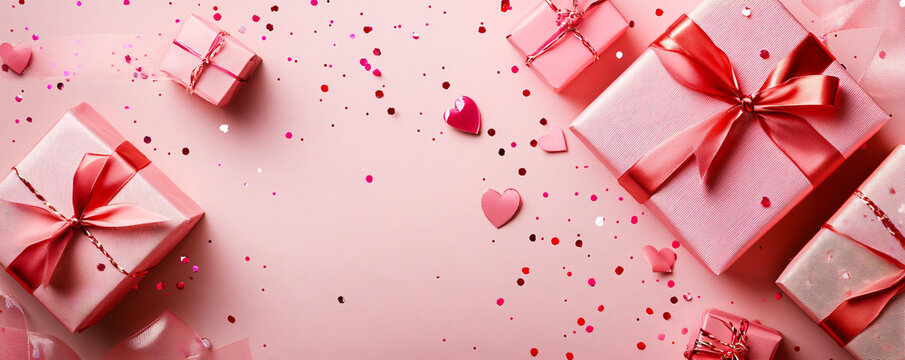 Festive pink gifts with ribbons and hearts perfect for celebrations and special occasions.