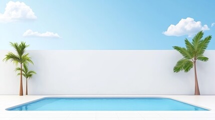 Serene outdoor pool scene with clear blue water, palm trees, and bright sky backdrop