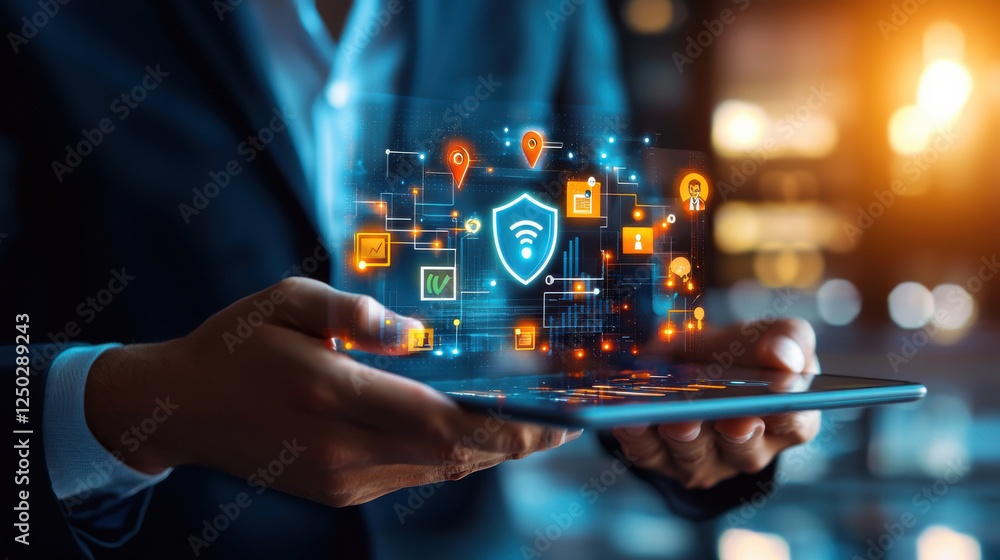 Poster conceptual image of cybersecurity shield with digital icons, representing protection and technology