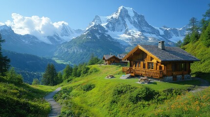 Scenic mountain landscape featuring a wooden cabin surrounded by lush greenery and peaks