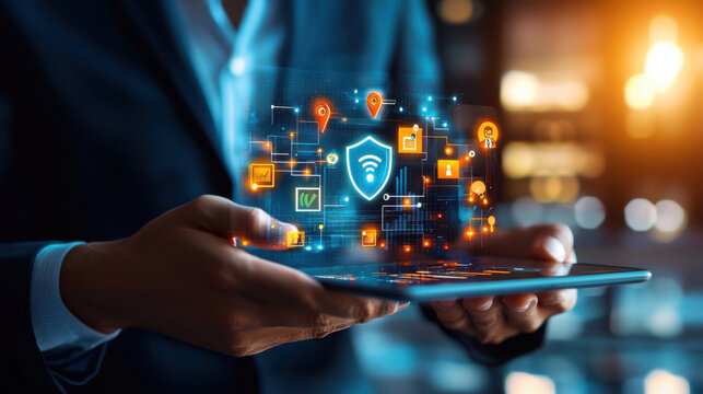 conceptual image of cybersecurity shield with digital icons, representing protection and technology