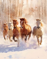 A group of horses through snow surrounded by white trees