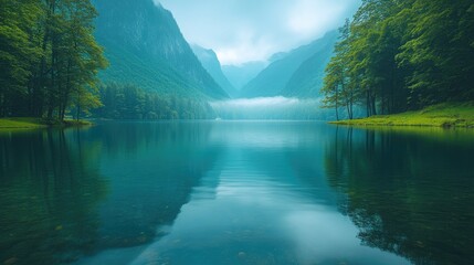 Serene lake surrounded by lush mountains, mist hovering over water, tranquil nature scene