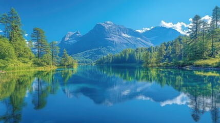 Serene mountain landscape reflecting in a calm lake under a clear blue sky, surrounded by lush greenery