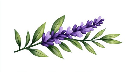 Delicate Watercolor Lavender Sprig with Purple Flowers and Green Leaves on White