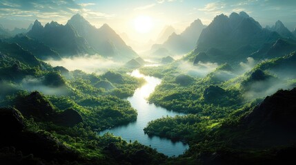 Majestic sunrise over a serene river winding through lush green mountains and valleys