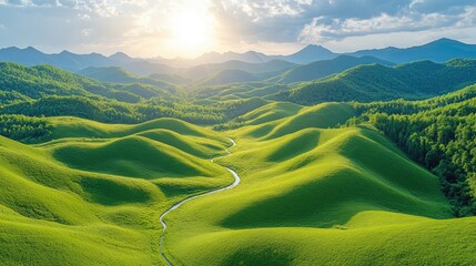 Lush Green Hills with Meandering River Under a Bright Sky at Sunset, Ideal for Nature Themes