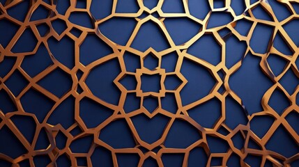 Intricate geometric pattern of golden filigree against a deep blue backdrop, ideal for design