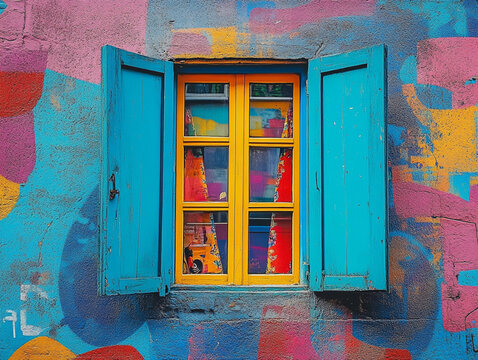 old window with colorful shutters