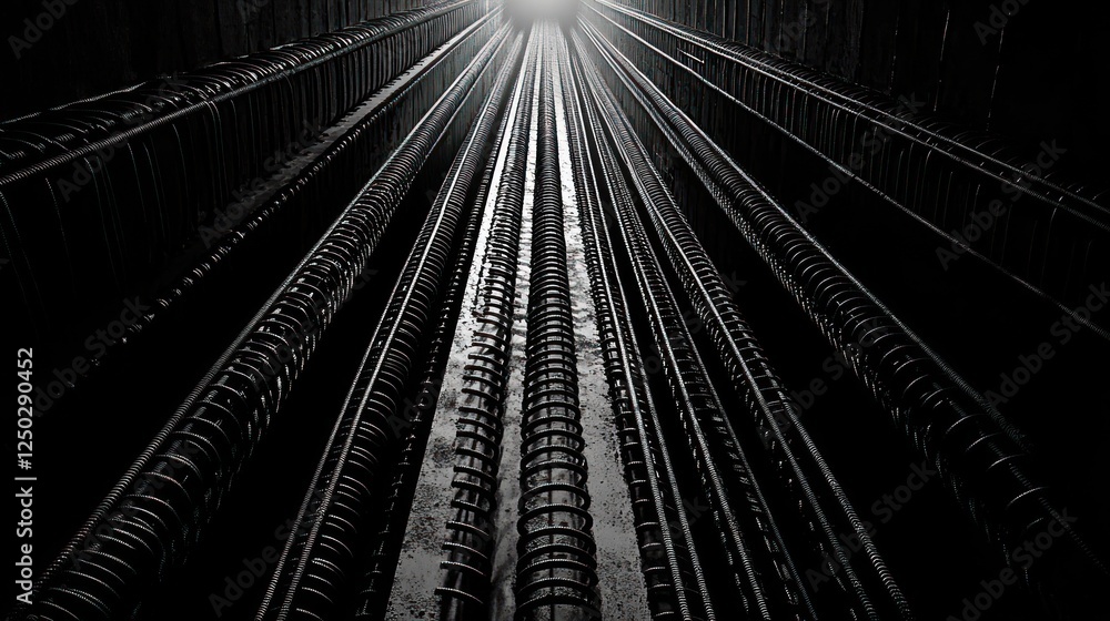 Poster monochrome abstraction: converging lines of rebar leading to light source