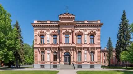 A grand traditional mansion with a symmetrical facade