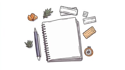 Blank notebook surrounded by travel-themed items including tickets and a compass