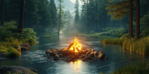 Mystical River Campfire: A Serene Forest Scene