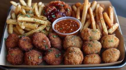 A delicious platter featuring crispy fries, savory chicken bites, and tangy dipping sauce