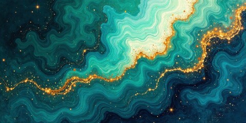 Abstract Teal and Gold Swirling Galaxy Design with Glittering Stardust