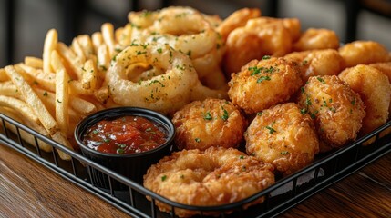 A delicious platter of crispy fried food including onion rings, chicken bites, and fries served with sauce