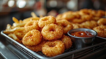 Golden fried snacks served with crispy fries and dipping sauce in a bustling restaurant setting