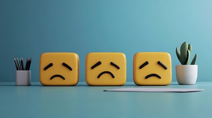 Sad emojis on desk, office setting, frustration, low morale